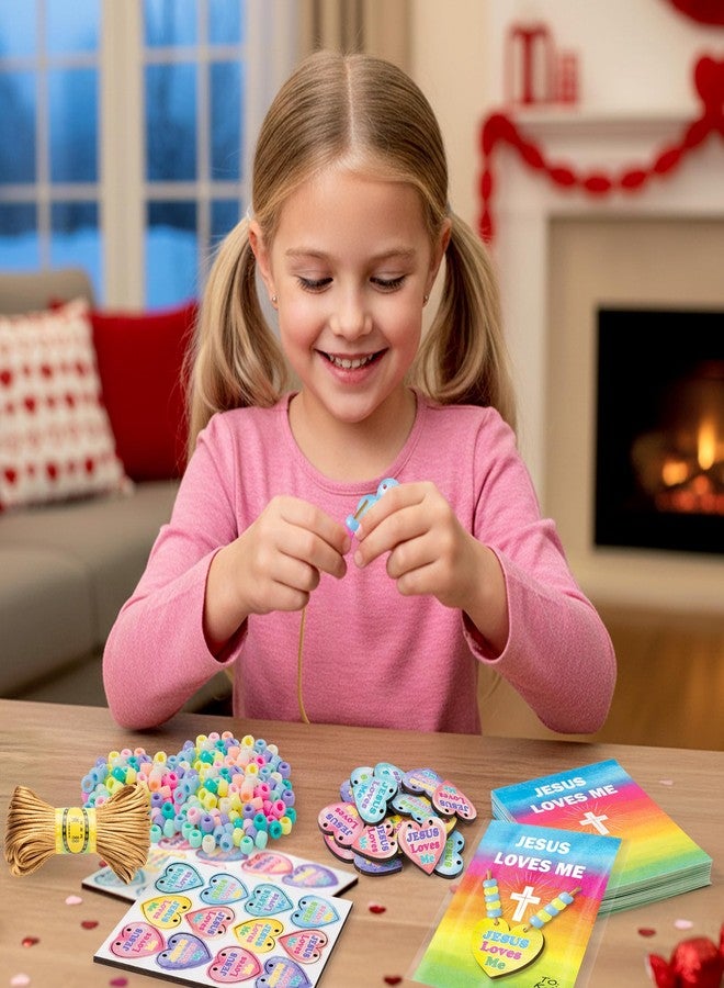 BeYumi Valentine Necklace Craft Kit - 24Pcs DIY Valentine JESUS LOVES ME Wooden Heart Pendant Beads Necklace Making with Greeting Card Christian Religious Gift Kids Church School Classroom Party Favor - Image 5